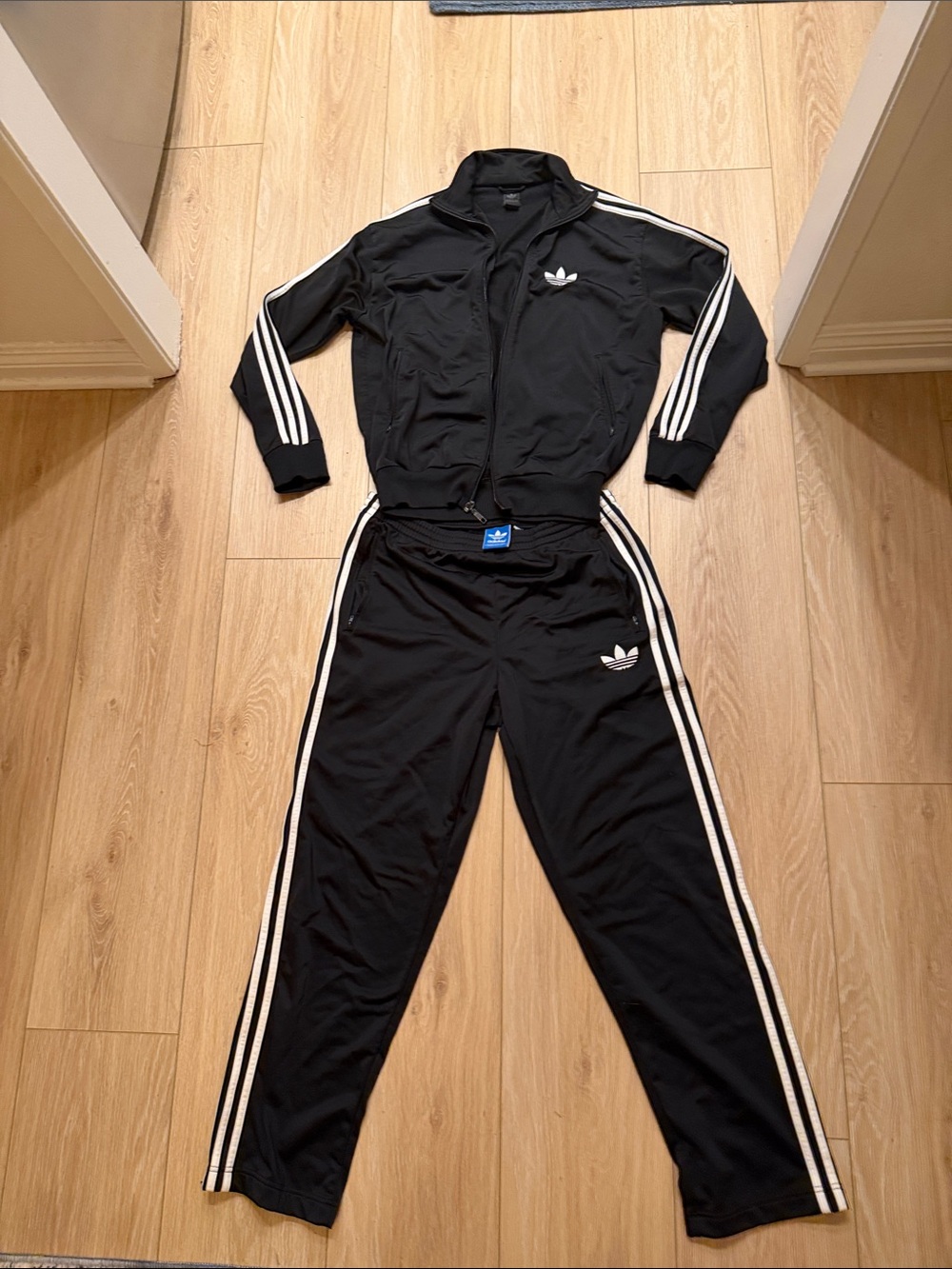 adidas Black Track Jacket & Pants Set with White Stripes